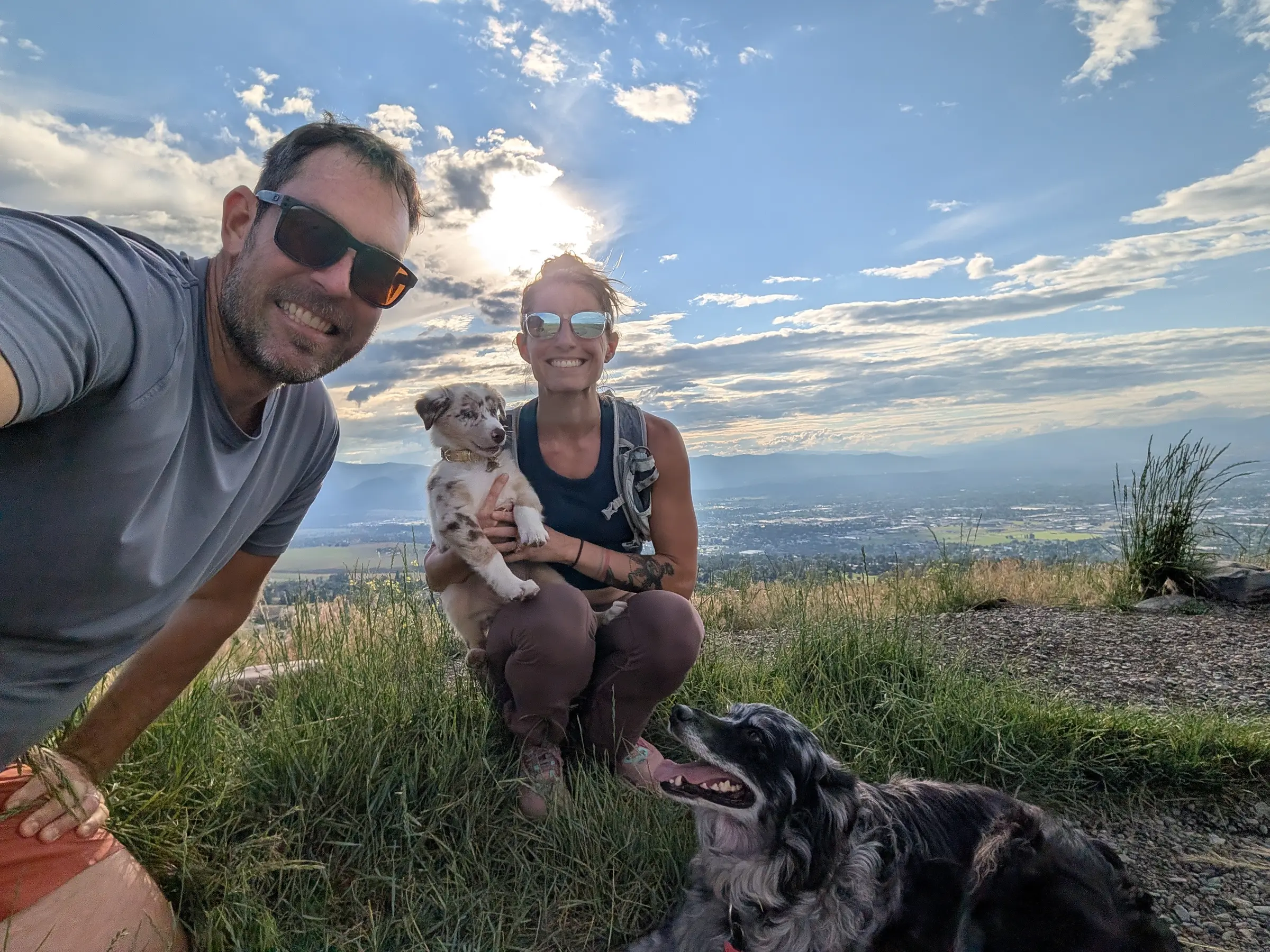 Hilltop selfie with our two dogs